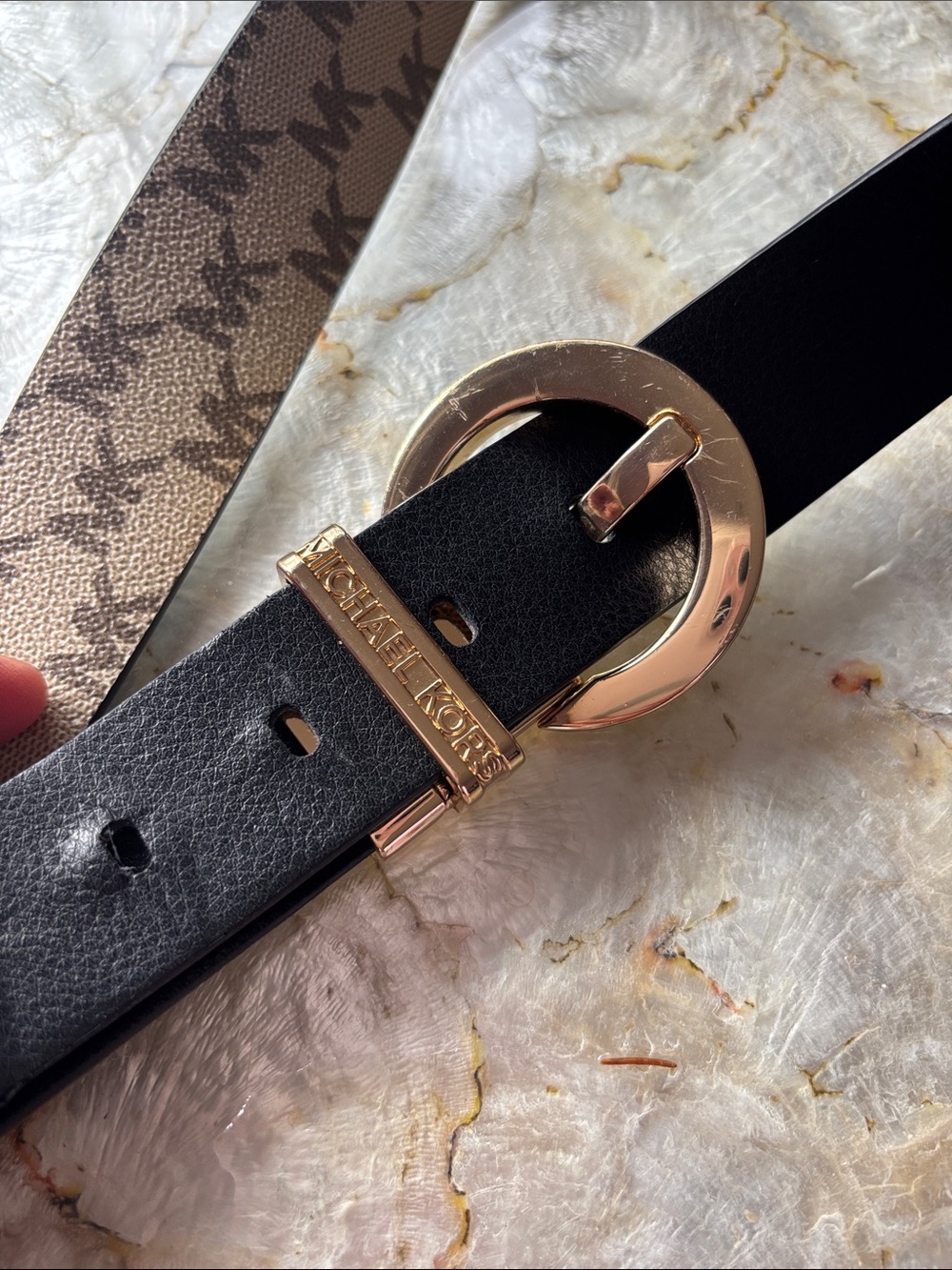 Michael Kors Black Leather Reversible Belt with Gold Circular Buckle